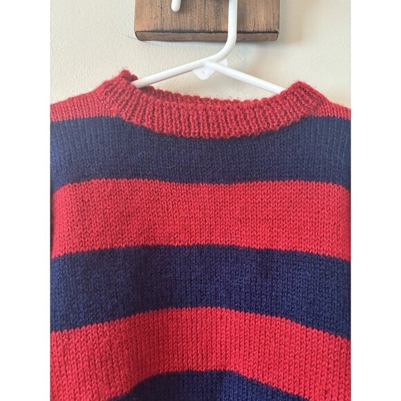Vintage Boys Handmade Hand Knit Striped Sweater Red Blue - Picture 2 of 4